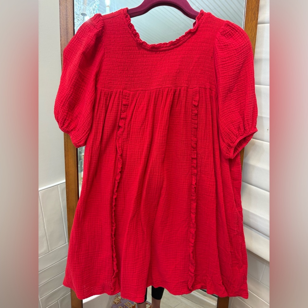 Day + Mood Gauzy Red Textured Puff Sleeve Dress